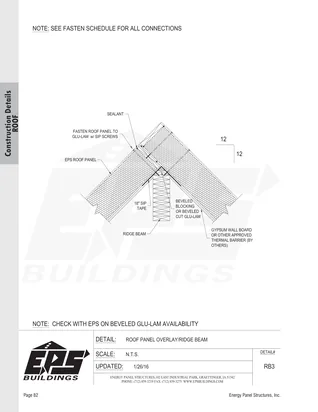 Roof Panel Overlay / Ridge Beam construction detail drawing