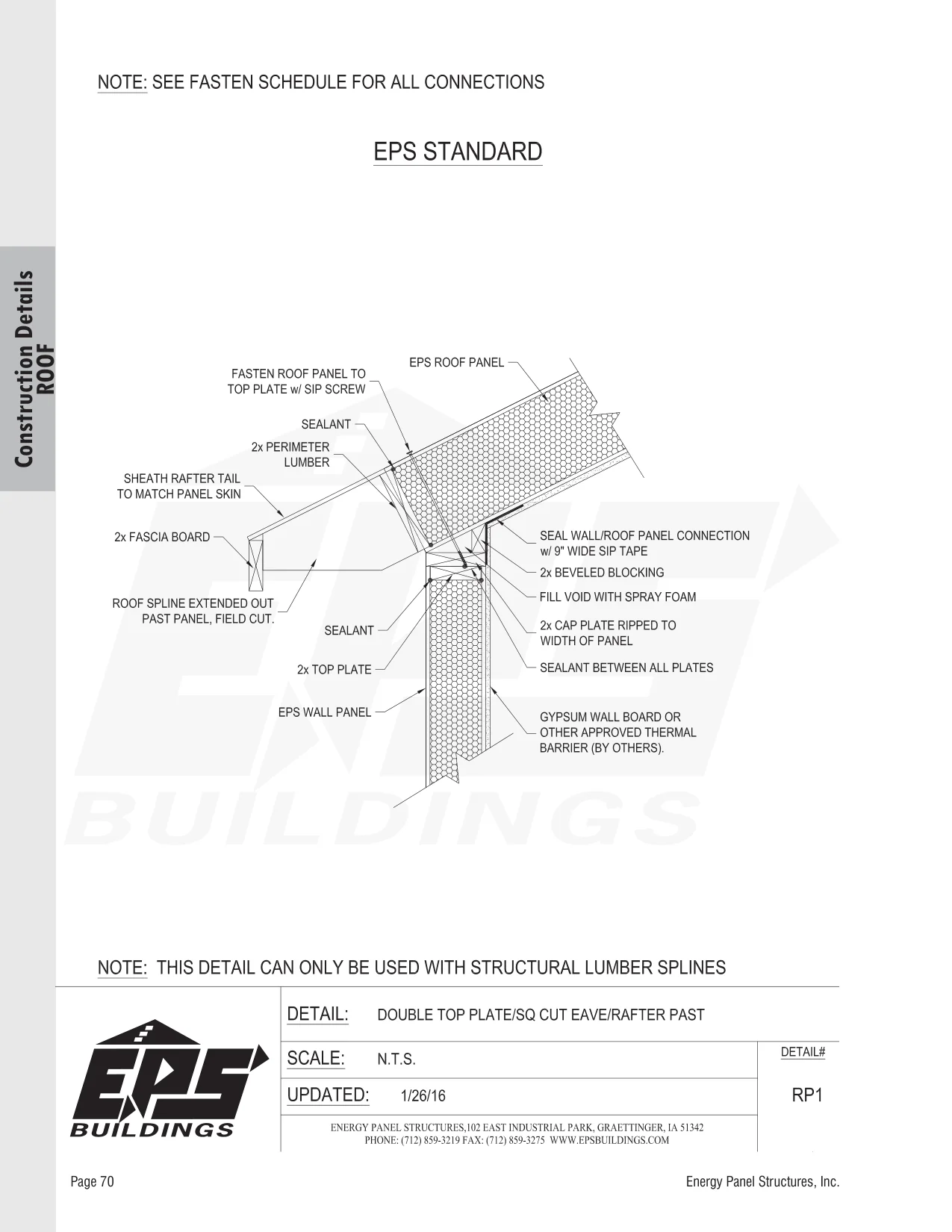 Double Top Plate / Sq Cut Eave / Rafter Past construction detail drawing with callouts