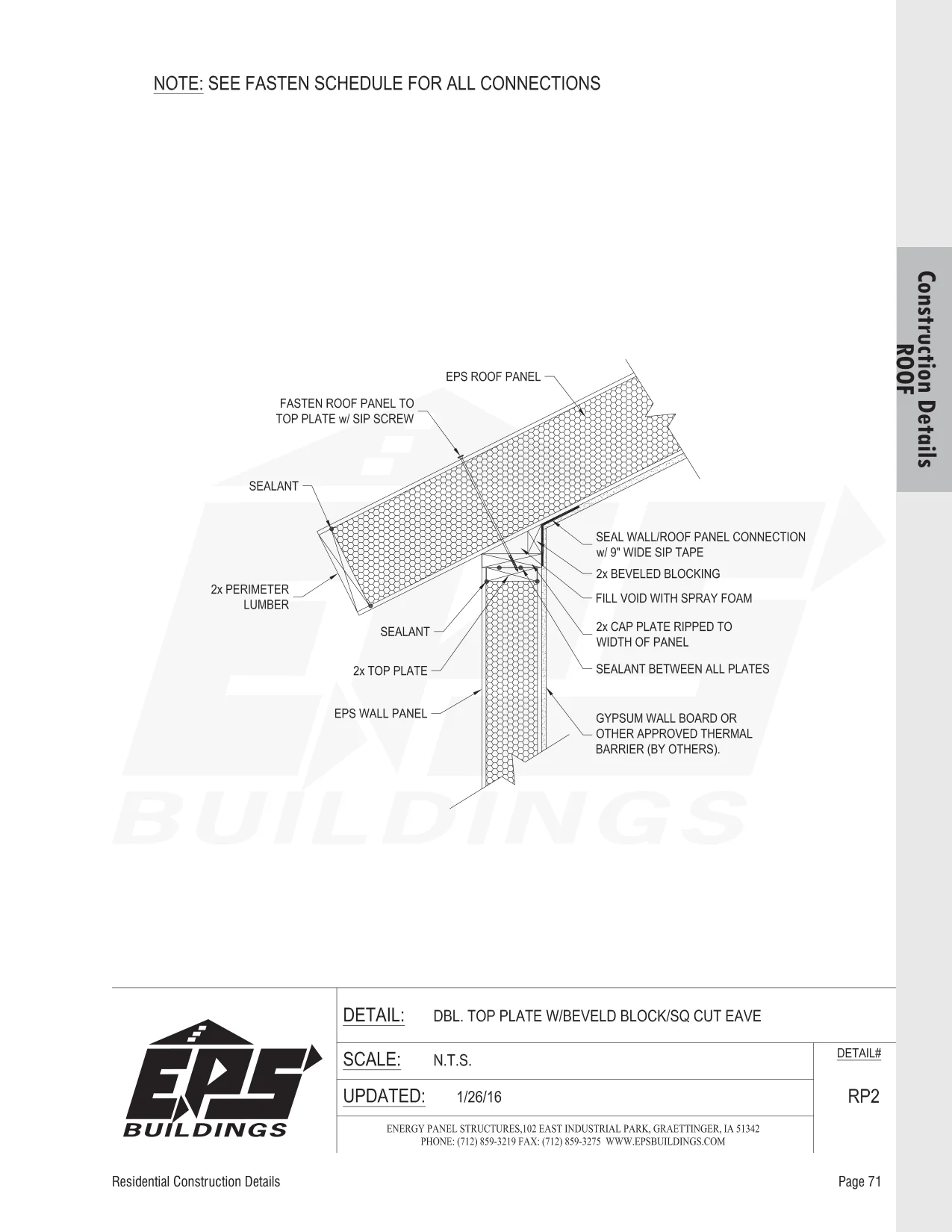Dbl. Top Plate w/ Beveled Block / Sq Cut Eave construction detail drawing with callouts