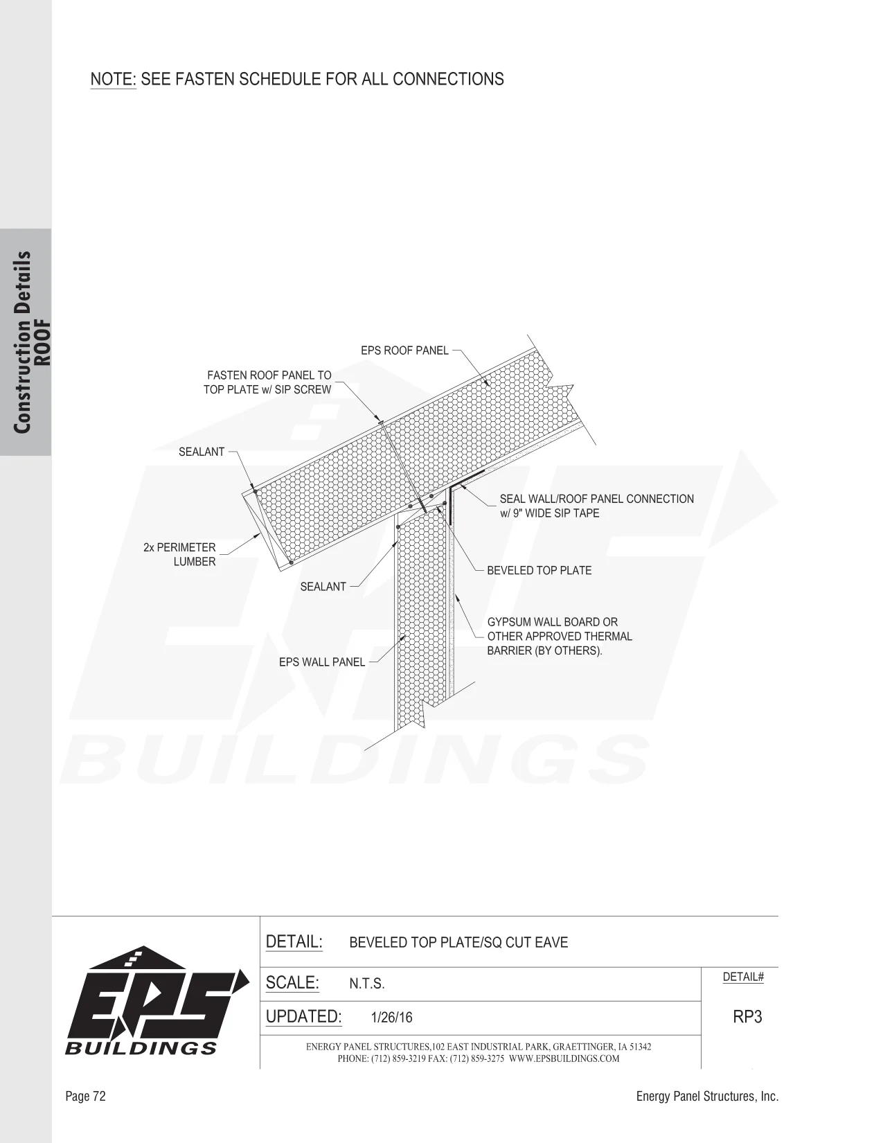 Beveled Top Plate / Sq Cut Eave construction detail drawing with callouts