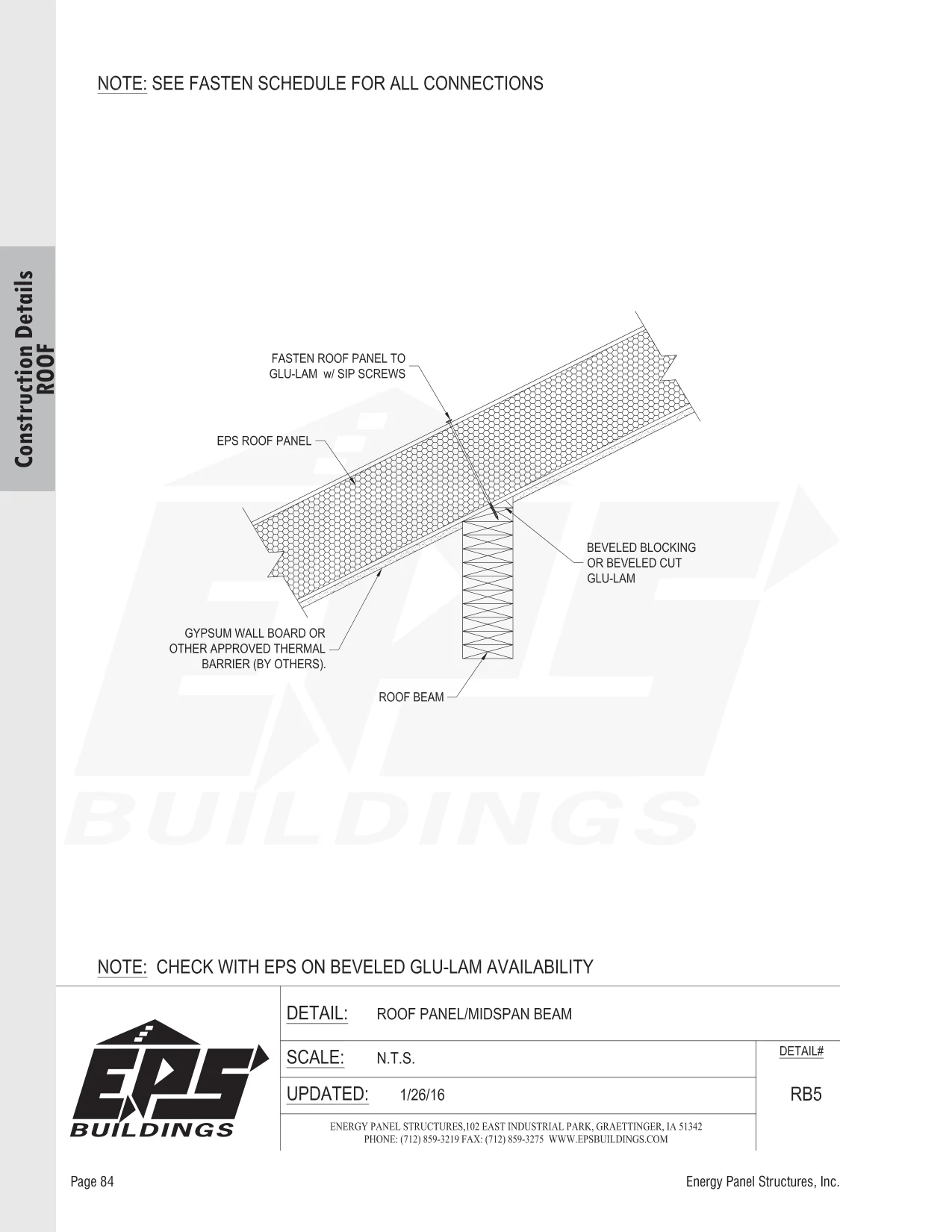 Roof Panel / Midspan Beam construction detail drawing with callouts