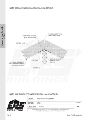 Roof Panel / Ridge Beam construction detail drawing