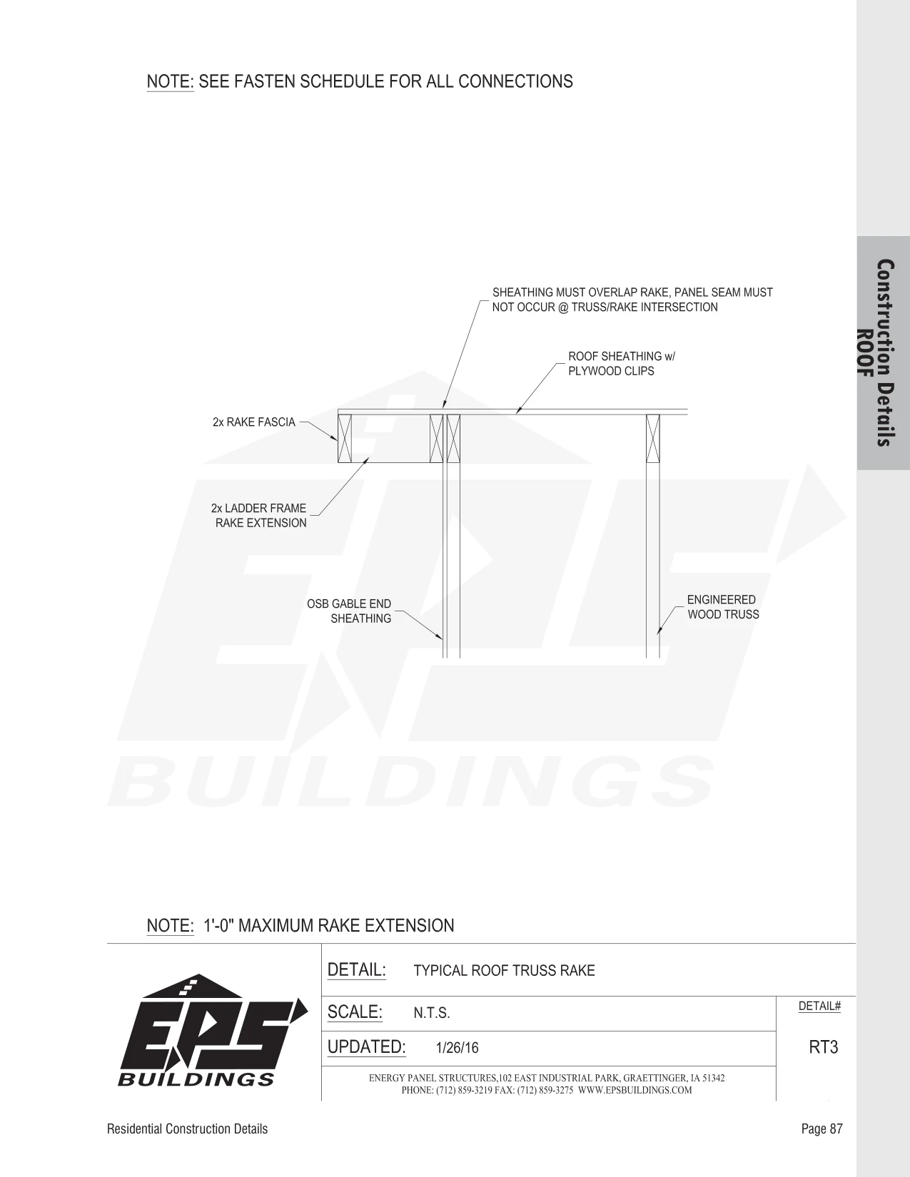Typical Roof Truss Rake construction detail drawing with callouts